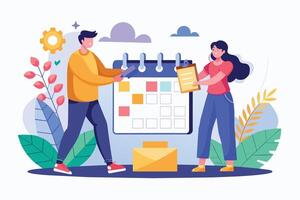 A man and a woman stand in front of a large calendar, each holding a task list, demonstrating a collaborative and organized approach to planning and managing tasks. vector