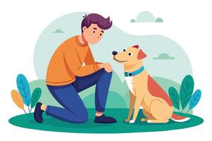 A man kneels in a grassy park, looking at a dog sitting beside him. The dog is brown and white with a blue collar. The sun is shining and there are clouds in the sky. vector