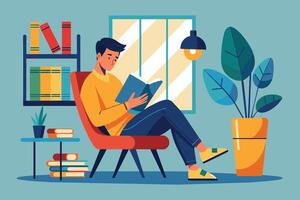 A man sits in a red armchair, legs crossed, reading a book. The room is decorated with a bookshelf, a window with a plant, and a side table. vector