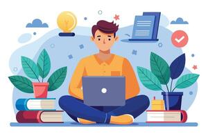 A man sits cross-legged on the floor, working on a laptop. He has books, a plant, and a light bulb above him, suggesting he is studying or working creatively from home. vector