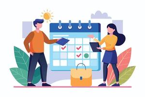 A man and woman stand in front of a calendar with checkmarks, indicating completed tasks. They are discussing their schedules and planning for the future. vector