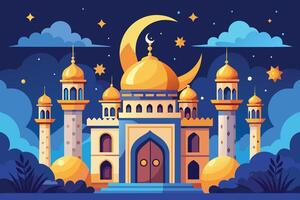 A colorful illustration of a mosque at night with a crescent moon and stars in the sky. The mosque is surrounded by trees and bushes, and the sky is a deep blue color. vector