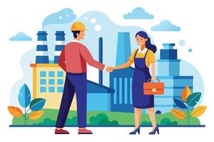 Illustration of a man in a hard hat and a woman in a business suit shaking hands in front of a factory. vector
