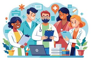 A group of smiling doctors and nurses stand together in a hospital setting, representing collaboration and teamwork in healthcare. vector