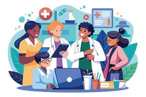 A diverse group of medical professionals gather around a laptop in a modern healthcare setting, discussing patient care and leveraging technology to enhance their work. vector