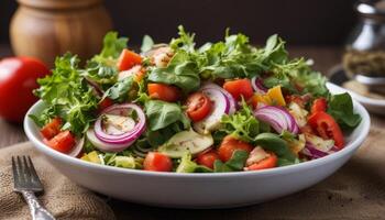 A salad with a variety of vegetables including tomatoes, lettuce, and onions photo