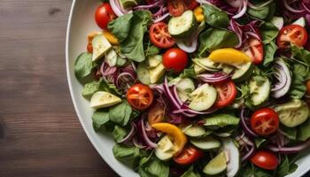 A salad with a variety of vegetables including tomatoes, cucumbers, and onions photo