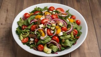 A salad with tomatoes, cucumbers, and onions is served in a white bowl photo