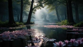 A forest with a river running through it photo