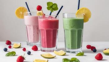 Three glasses of smoothies with raspberries and lime slices photo