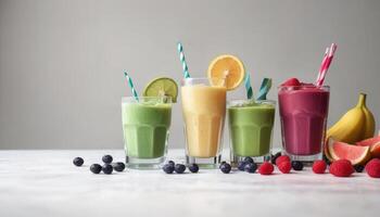A row of colorful smoothies with straws in them are displayed on a table photo