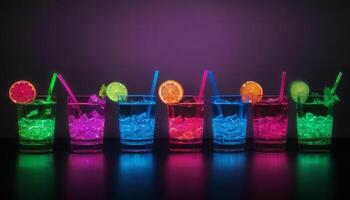 A row of colorful drinks with straws in them photo