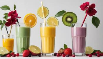 A row of colorful smoothies with straws in them photo
