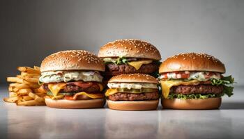 Four hamburgers and four french fries are displayed on a table photo