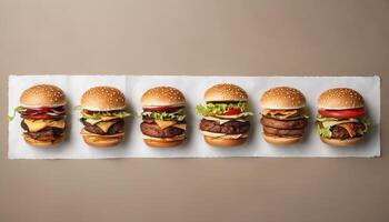 A row of six hamburgers with different toppings photo