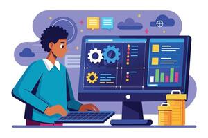 A man with short curly hair is working at a computer, analyzing data and adjusting settings. vector