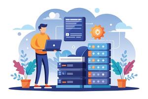 A man is working on a laptop in front of two server racks in a cloud environment. He is surrounded by clouds and other digital elements. vector