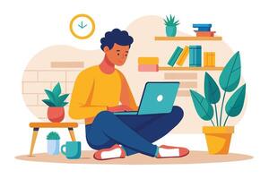 A man sits cross-legged on the floor, using a laptop. He is in a home setting with plants and bookshelves around him. vector
