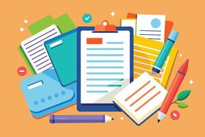 A digital illustration of various colorful notebooks, pencils, and pens on a desk. The background is orange. vector