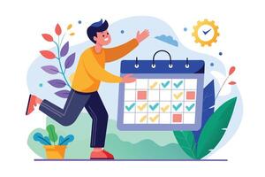 A smiling man runs with a calendar, holding it out in front of him. The calendar is full of checkmarks, indicating that all tasks and appointments are complete. vector