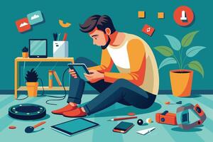 A man sits on the floor using a tablet, surrounded by various electronics, including a robot vacuum, a smartphone, and other devices. The room has a teal-colored wall, a plant, and a shelf with a TV. vector