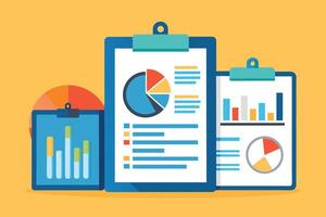 Three clipboards with different data visualizations on a yellow background. vector