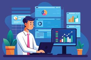 A businessman sits at a desk, analyzing data on a laptop and a desktop computer with various charts and graphs displayed on the screens. vector