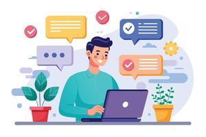 A smiling man works on his laptop in a home office with plants. He has checkmarks and speech bubbles with lines of text above him, symbolizing his completion of tasks. vector
