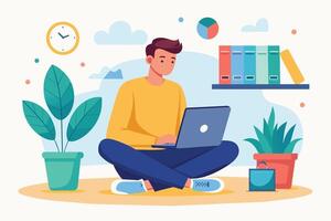 A young man sits cross-legged on the floor, working on a laptop. He is in a home office setting, with plants, books, and a clock in the background. vector