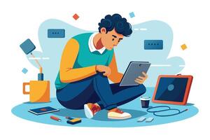 An illustration of a young man sitting on the floor with a tablet, coffee, and other devices. He is working on his tablet. vector