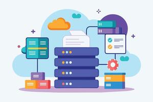 An illustration depicting a cloud computing network with various servers, documents, and checklists connected by lines, representing data flow and communication. vector