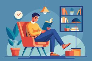 A man sits in a red armchair, reading a book, with his feet up. He is in a home setting, with a bookshelf and a lamp in the background. vector