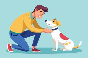 A man kneels on the ground with a cheerful expression, looking down at his dog with love and affection. vector