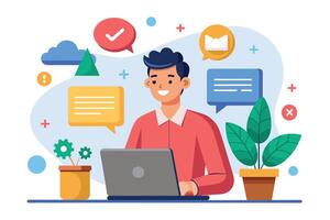 An illustration of a happy man working on a laptop with several notifications popping up. The image also includes two potted plants and a cloud. vector
