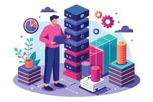 An illustration of a man working with servers and data in a cloud computing environment. The man is holding a laptop and interacting with a tall stack of servers, surrounded by data representations. vector
