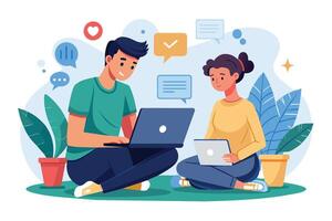 A man and woman sit on the floor, using a laptop and tablet respectively, surrounded by plants and digital messages. vector