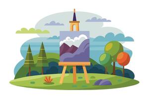 An illustration of an easel with a painting of a mountain landscape in front of a green meadow with trees and clouds. vector