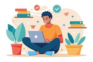 An illustration of a man sitting cross-legged on the floor in a home office setting, using a laptop. vector