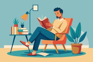 A man with a beard sits in a red armchair and reads a book, surrounded by plants and books. The man is relaxed and enjoying his time reading. vector