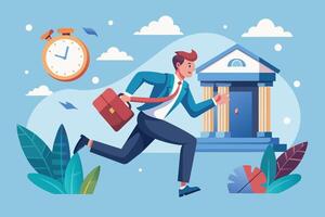 Illustration of a businessman running towards a bank building, briefcase in hand, with a stopwatch in the background. vector