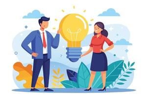 An illustration of a man and a woman, both dressed in business attire, standing beside a large lightbulb. The lightbulb is glowing, symbolizing a new idea. vector