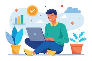 A man sits on the floor and uses a laptop. He smiles and appears happy. There are plants and a checkmark above him. vector