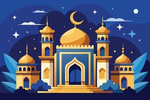 An illustration of a golden mosque with a crescent moon and stars in the night sky. vector