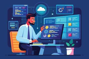 An illustration of a man sitting at his desk working on a computer. The computer screen displays a variety of data analytics and cloud computing software. vector