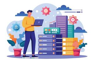 An illustration of a man working on a laptop computer with a data center and servers in the background. vector