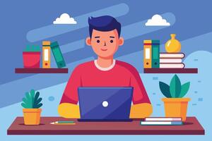 A man sits at a desk with a laptop, working. He is surrounded by plants and books on shelves, indicating a home office setting. vector