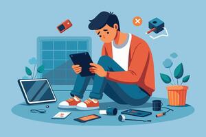 A frustrated man sits on the floor, surrounded by various electronics. He is holding a tablet, looking down at it with a worried expression. vector