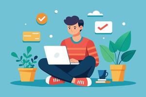 Illustration of a man sitting cross-legged on the floor, working on a laptop computer in a home office setting. vector