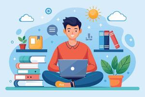 An illustration of a man sitting cross-legged on the floor, smiling and working on a laptop. He is surrounded by books and plants, suggesting a home office environment. vector