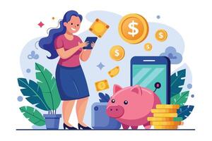 An illustration depicts a woman using a mobile phone app for online banking, with coins and a piggy bank symbolizing saving money. vector